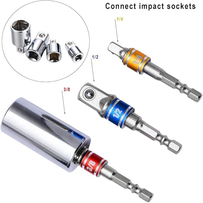 3-Piece Socket Adapter Extension Set, 1/4, 3/8, 1/2 Inch Hex Shank, Impact Grade, Power Drill to Socket Converter