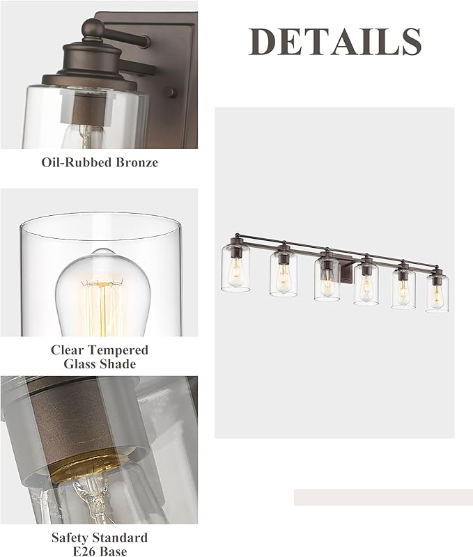 HWH Bathroom Lighting Fixtures Over Mirror 6 Light Oil-Rubbed Bronze Wall Vanity Lights with Clear Glass Shade, 5HLT63B-6W ORB