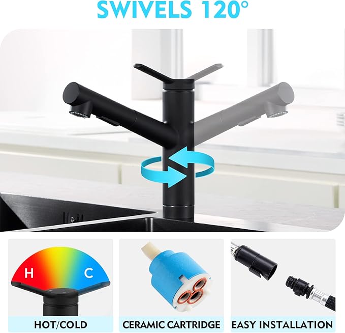 CREA Kitchen Bar faucets,Black Kitchen Sink Faucet Pull Out Sprayer Utility Small Prep Wet Bar Single Handle Hole,Commercial Modern rv Sink Low Arc Faucet Outdoor Laundry