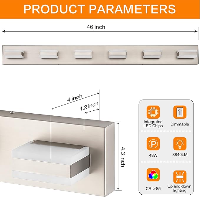 SOLFART LED Modern Bathroom Vanity Lights Over Mirror Fixture Brushed Nickel Vanity Light 6 Light LED Nickel Wall Light