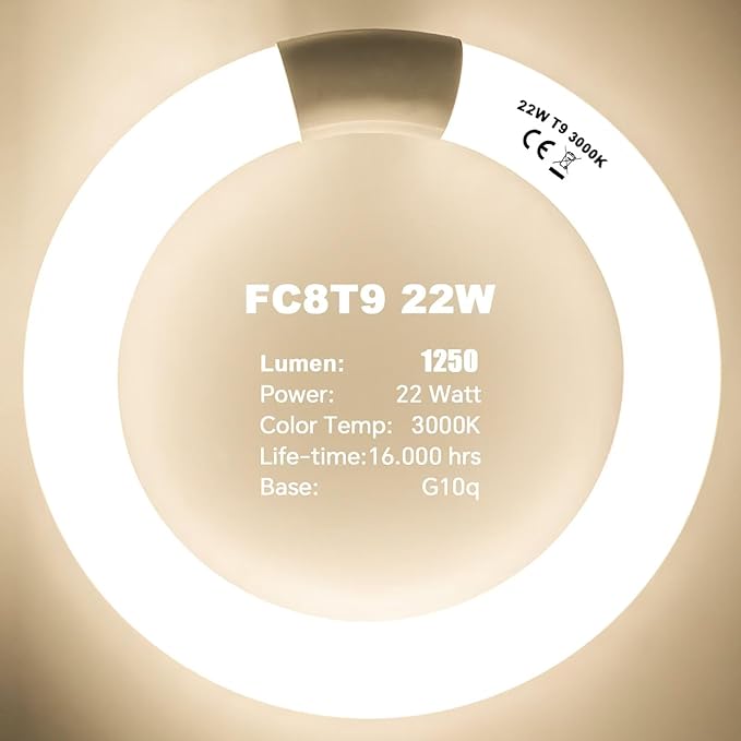 FC12T9/WW 32 Watt and FC8T9/KB 22W Set, 8 inch T9 22W and 12'' 32W Circular Fluorescent Light Bulbs Warm White, Circle Light Bulb 3000K, FC12T8/WW 3500 Lumen G10Q Base