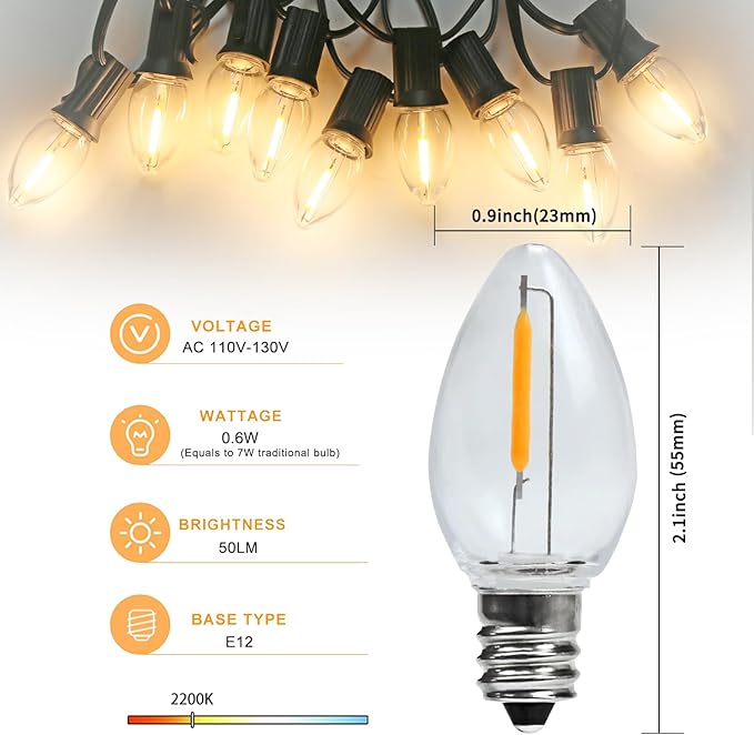 KGC 8 Pack LED Night Light Bulbs, C7 Shatterproof Replacement Led Light Bulb for String Light, E12 Base Salt Lamp Bulbs, 0.6W Equivalent to 7W, Warm White 2200K, 50LM.