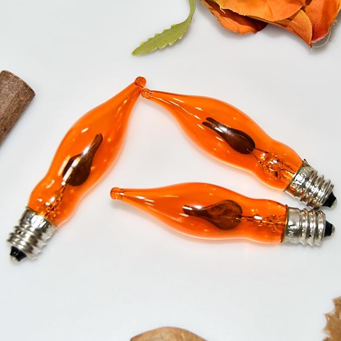 12 Pack C7 Flickering Flame Light Bulbs Orange Fall Lights Bulb - E12 Flickering Flame Bulb, Ideal as Fall Christmas Halloween Candle Light Bulbs & Replacement Bulbs for String Lights,1W, 120V