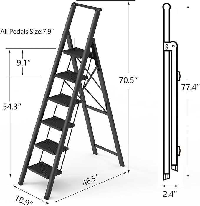 GameGem 6 Step Ladder for 12 Feet High Ceiling, Lightweight Aluminum Folding Step Stool with Convenient Handgrip, Stepladders with Anti-Slip and Wide Pedal for Home Use Space Saving - Black