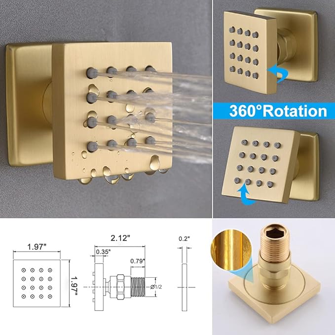 Enga Brushed Gold Rain Shower System with Body Jets, 12 inch Rain Shower Body Spray Jets System Ceiling Mounted Shower Faucet Set with 3-Function Brass Shower Valve