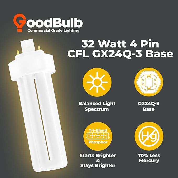 GoodBulb 32 Watt CFL Light Bulbs 4 Pin GX24Q-3 Base 2700K Soft White 32W High Output 2400 Lumens Triple Tube Compact Fluorescent Light Bulbs Plug-in 10 Pack