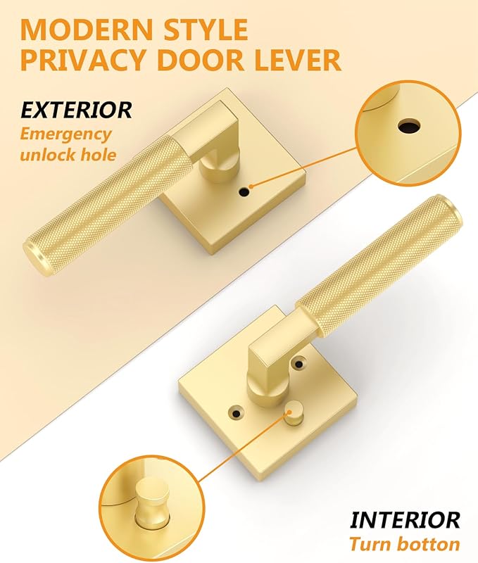 Asidrama 6 Pack Gold Privacy Door Handles, Door Lever with Door Knobs Indoor for Bedroom or Bathroom, Heavy Duty Door Handles Interior with Locks for Left Right Sided Doors 098AA