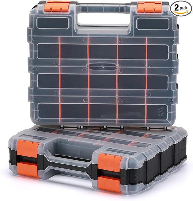 EMENTOL 2PCS Double Side Tool Organizer with Impact Resistant Polymer and Customizable Removable Plastic Dividers, Hardware Box Storage, Excellent for Screws, Nuts, 34-Compartment, Black/Orange