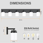 IZORRO Bathroom Vanity Light Fixture, 6-Light 43 Inch Matte Black Bathroom Light Fixtures Over Mirror, with White Glass Shade, Modern Farmhouse Vanity Lights, Rustic Restroom Lighting Fixtures