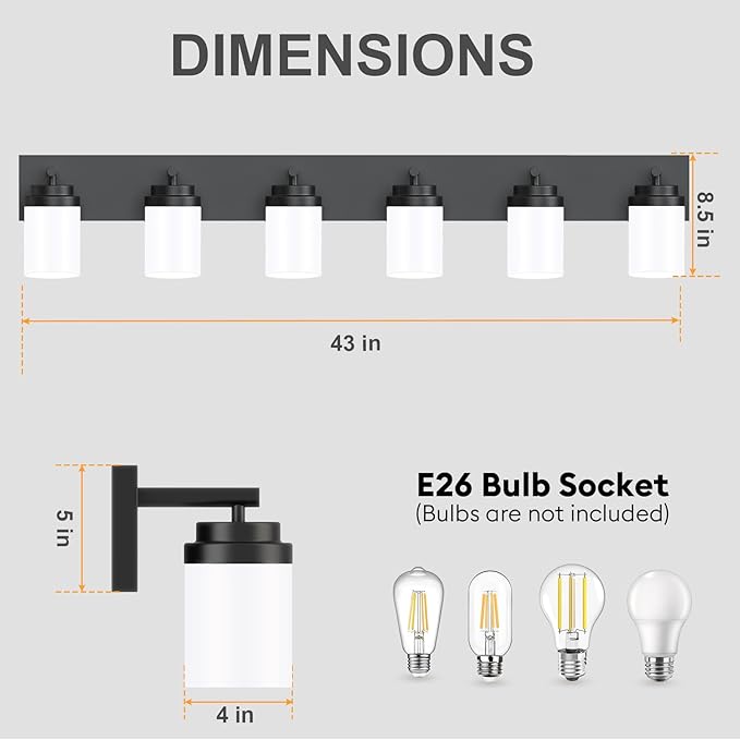 IZORRO Bathroom Vanity Light Fixture, 6-Light 43 Inch Matte Black Bathroom Light Fixtures Over Mirror, with White Glass Shade, Modern Farmhouse Vanity Lights, Rustic Restroom Lighting Fixtures