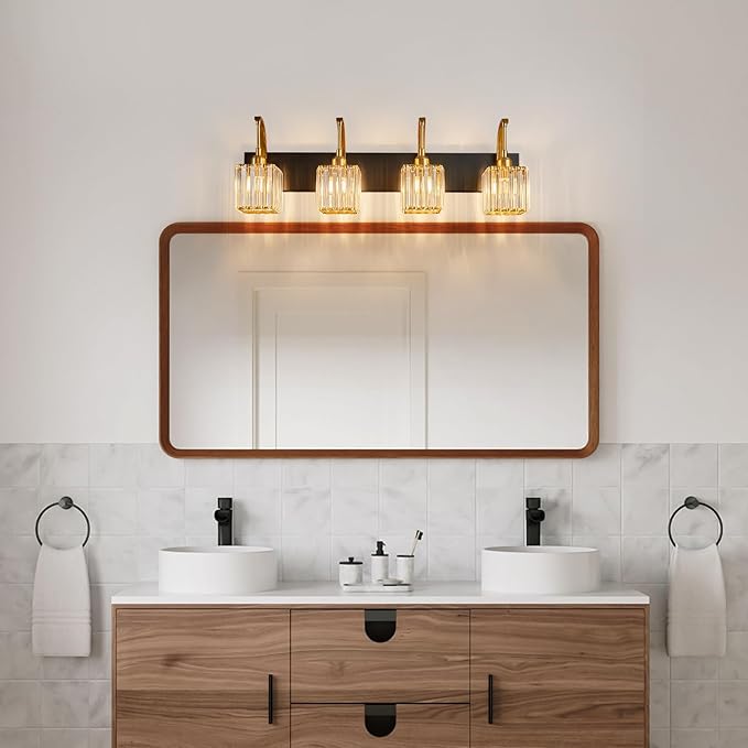 Crystal Vanity Lights 4-Light Black Gold Bathroom Vanity Lights Modern Crystal Bathroom Light Fixtures Over Mirror 32.67" Long Vanity Light for Bathroom
