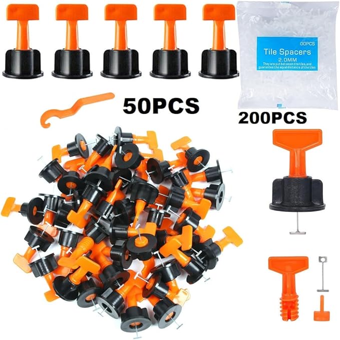 Tile Leveling System Kit 1/8" T Type 50pcs Tile Leveling Reusable + 200pcs Cross Spacer Tile Installation Tool Kit for Stone Ceramic Stone Installation With 1x Wrenches (1/8" 250pcs)