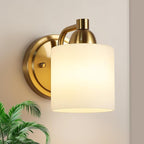 Gold Milk Glass Wall Sconces, 1 Pack Hardwired Indoor Wall Light Fixtures for Living Room, Hallway, Bedroom, Ceramic E26 Sockets (Bulbs Not Included)
