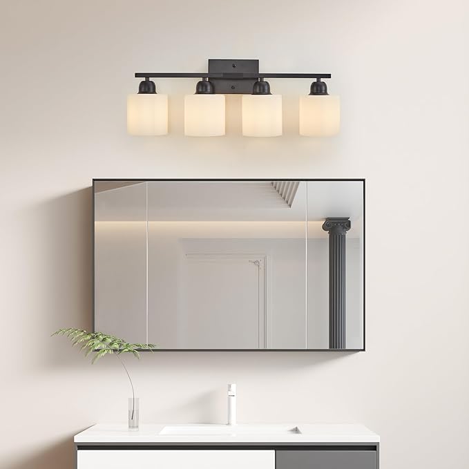 Bathroom Light Fixtures, 4-Light Modern Vanity Light with Milky White Frosted Glass Shades, E26 Socket Wall Lamp, Bathroom Lighting Fixtures Over Mirror Bedroom, Dressing Room (Matte Black, 4-Light)