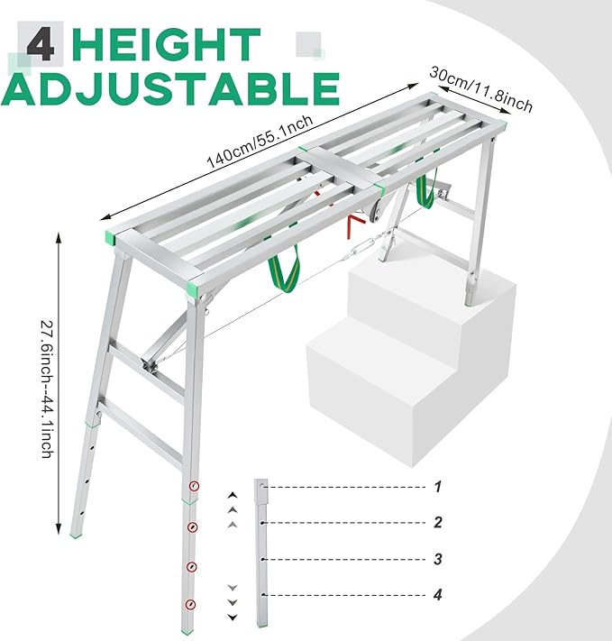 Zonon 55" L x 11.8" W x 28" to 44" H Folding Work Platform Portable Scaffolding Step Stool 4 Height Adjustment 600 Lbs Load Capacity Non Slip Work Platform Ladder for Home Drywall Cleaning Painting