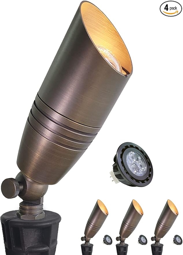 MALORY Brass Landscape Spotlights 4-Pack with Bulb Kit(S02), Low Voltage 12V AC/DC LED Outdoor Spot Uplights for House and Tree,PVC Ground Stake and Wire Connector Included, 5W 2700K Warm White