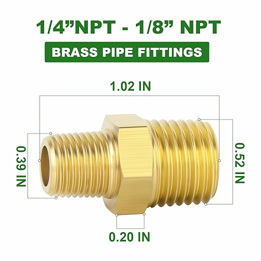 TAISHER 5PCS Brass Pipe Fitting, Reducer Adapter, Hex Nipple, 1/4-Inch Male Pipe x 1/8-Inch Male Pipe