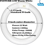 FC8T9/KB 22W Round Light Bulb, 8 Inch T9 22 Watt Circular Fluorescent Light Bulbs, Replacement Circline Fluorescent Lamp, Warm White 3000K 1400 Lumens, G10q 4 Pin Prong, 2 Pack