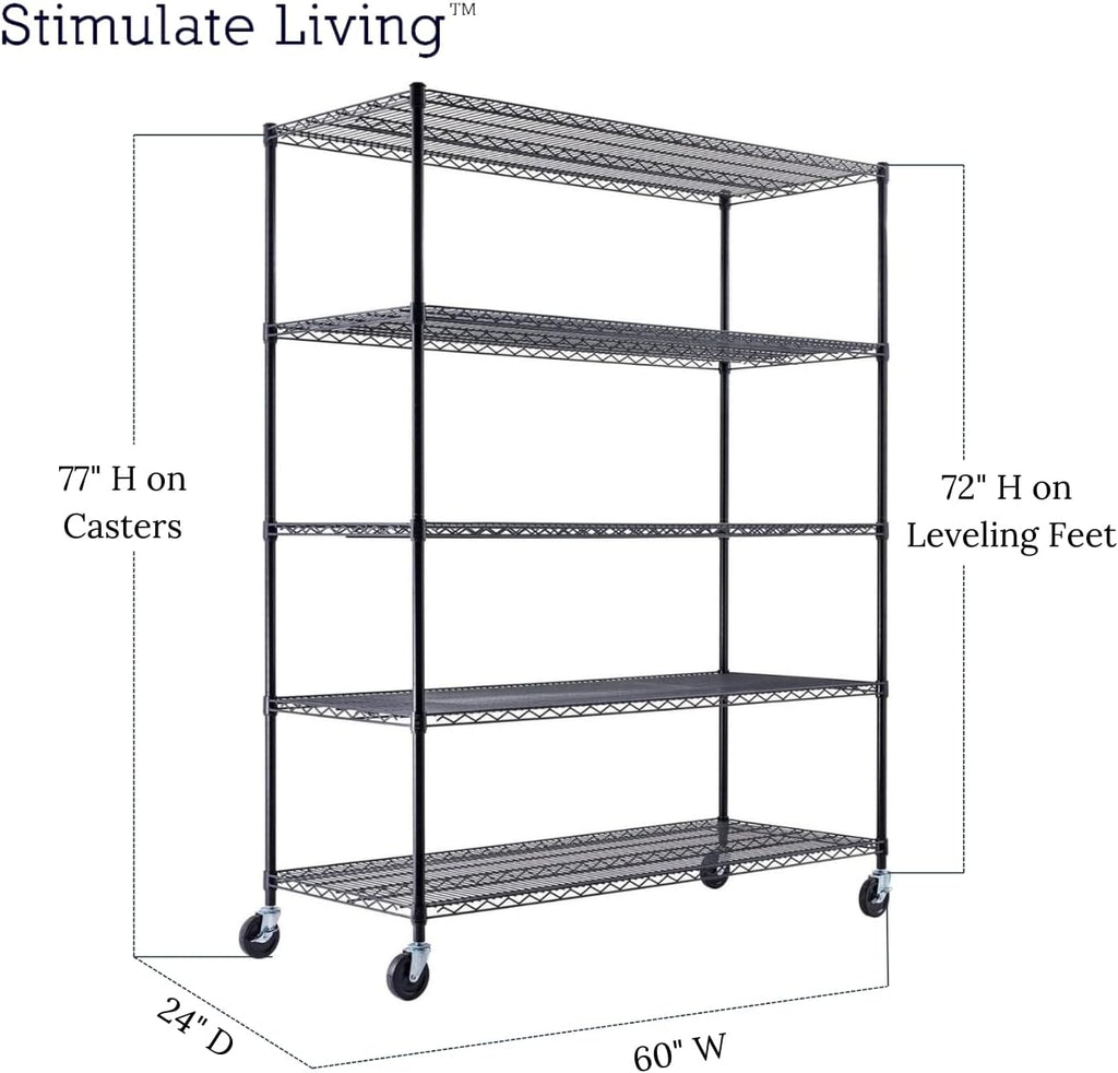 60"x24"x72" PRIME HEAVY DUTY Black 5-Tier Wire Shelving NSF 3000 LBS MAX Capacity Storage Rack for Commercial, School, Home, Garage, Warehouse, Industrial, and Hospital Uses (with Wheels)