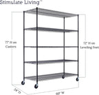 60"x24"x72" PRIME HEAVY DUTY Black 5-Tier Wire Shelving NSF 3000 LBS MAX Capacity Storage Rack for Commercial, School, Home, Garage, Warehouse, Industrial, and Hospital Uses (with Wheels)