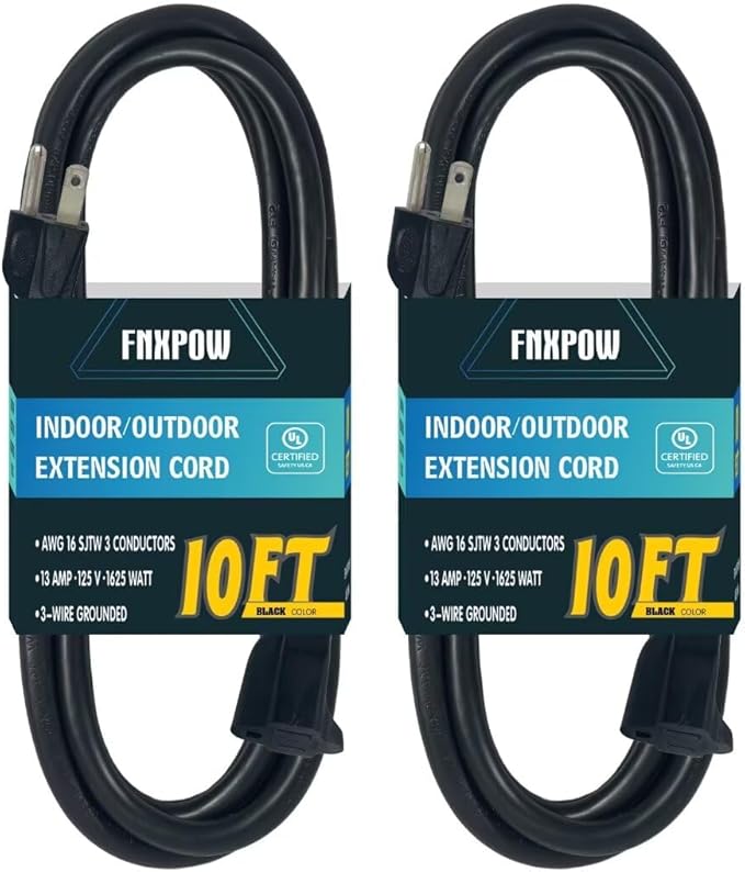 Indoor Outdoor Extension Cord 10 FT Waterproof, 16/3 Gauge Heavy Duty Black Extension Cords, 13A 1625W SJTW Extension Cord with 3 Prong Grounded Plug, Great for Tools, Lights, UL Listed, 2PK