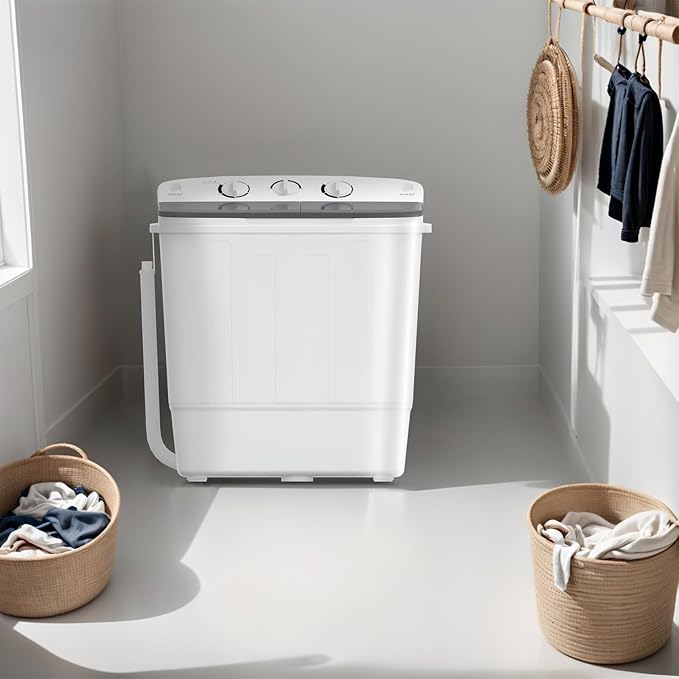 Portable Mini Twin Tub 18lbs Washing Machine With Drying Rack& 10 Hangers, 11lbs Washer & 7lbs Spinner, Small Laundry Washer with Time Control for Camping, Apartments, RV (18lbsBlack)