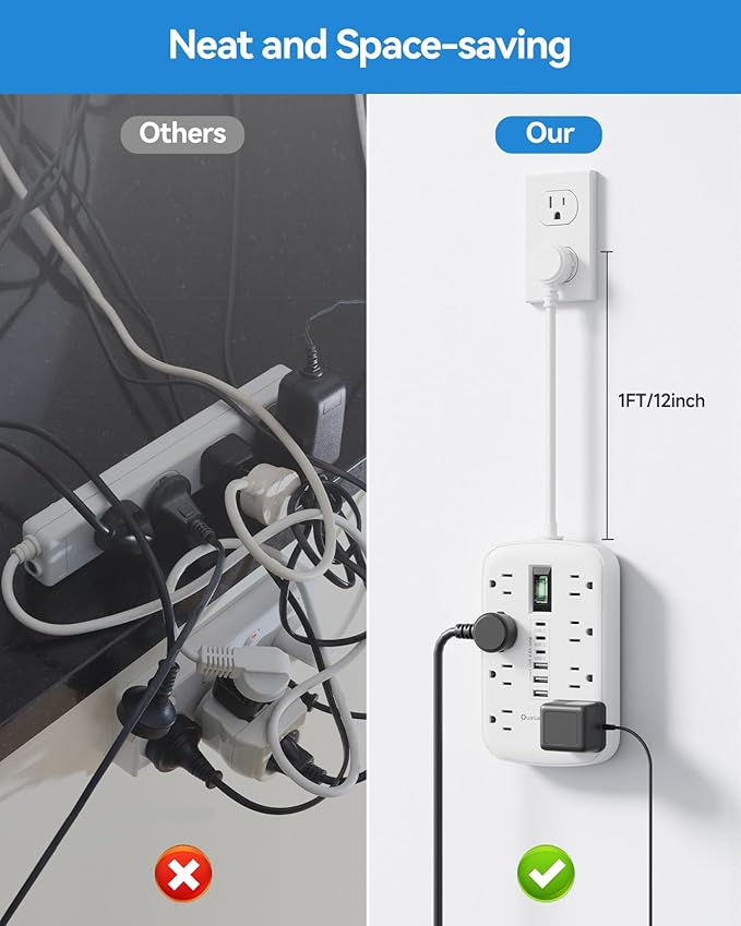 Short Extension Cord 1 ft, Small Power Strip Flat Outlet Extender Surge Protector with 8 AC Outlets 6 USB (5V/4.8A 24W), Mini Extension Cord Flat Wall Plug for Home Office Dorm Kitchen Bathroom
