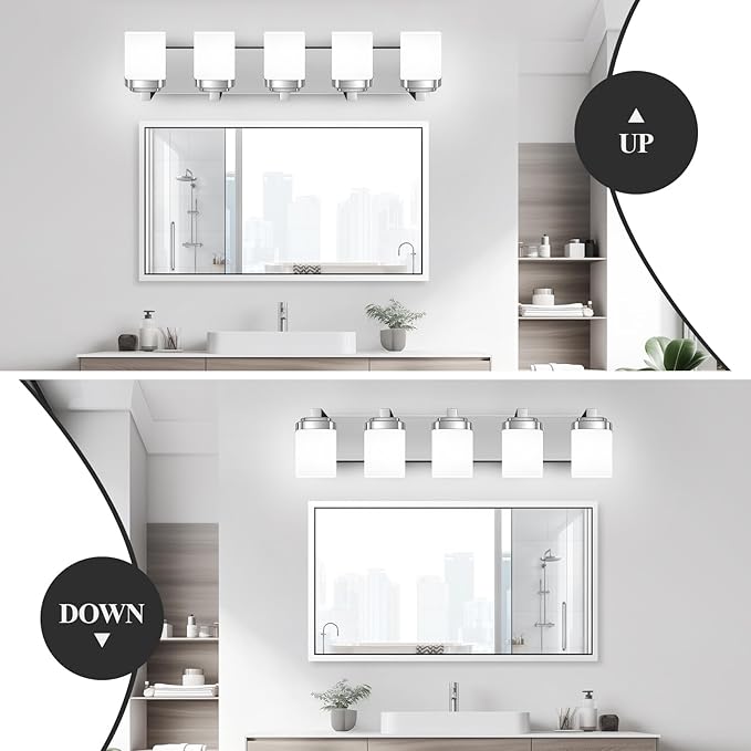 5-Light Bathroom Light Fixtures, Chrome Vanity Lights for Bathroom Mirror Lamp with Milky White Square Glass Shade, E26 Base Modern Wall Sconce Kitchen Light Fixtures Led Vanity