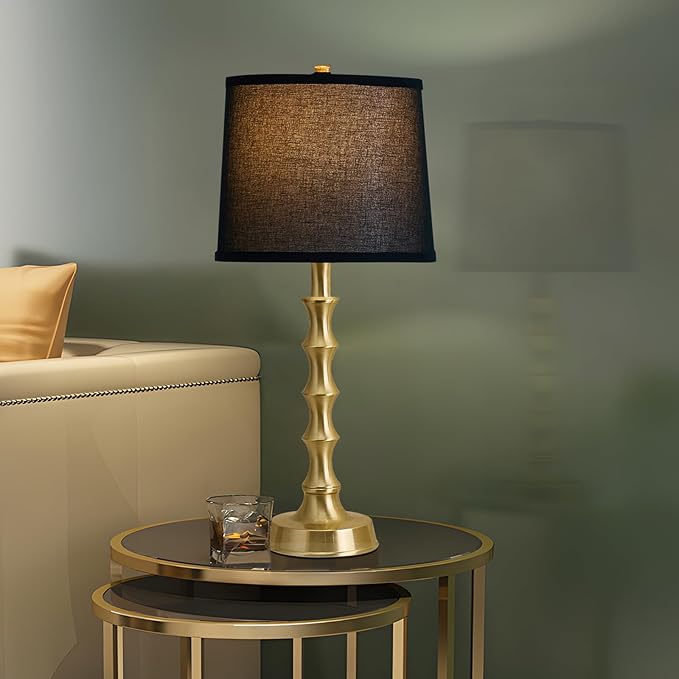 Set of 2 Gold Table Lamps, 24" Electroplated Gold Bamboo Base with White Linen Shade, Modern Nightstand Lamps for Bedroom, Living Room, Guest Room Decor