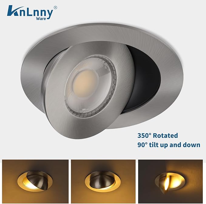 Brushed Nickel Recessed Lighting 4 Inch 6 Pack, Ajustable Eyeball recessed Light with Junction Box,5 Color Selectable,Airtight,9W 750LM,Dimmable,Brushed Nickel