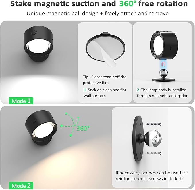 LED Wall Lights, Wall Lamp 3 Color Temperatures & Dimmable Magnetic 360° Rotation with Remote, Wall Sconces 2 Pcs with 3000mAh Rechargeable Battery, Cordless Wall Light for Reading Bedside Hallway