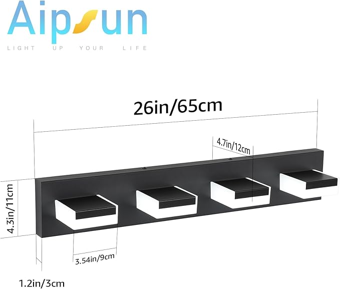 Aipsun Matte Black Bathroom Light Fixtures 4 Lights LED Modern Wall Light Over Mirror (White Light 6000K)