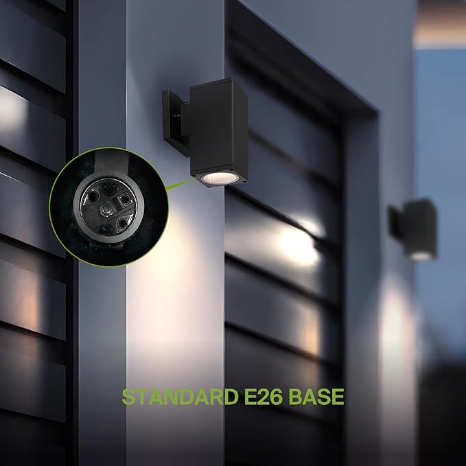 ASD 1 Light Square Dusk to Dawn Outdoor Wall Light Fixture | 60W E26 Bulb Socket 120V ETL Cylinder Up Down Lights | LED/CFL/Incandescent Bulb Wall Sconce | Front Door, Porch, Patio | Black, 2 Pack