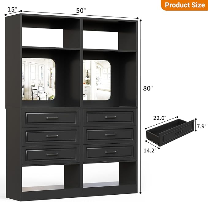 Unikito 50" Freestanding Closet System with 6 Drawers, 4FT Closet Organizer Wardrobe with Storage Shelves and Mirror, Heavy Duty Wood Walk-in Closet Towers for Bedroom, Max Load 1000 LBS, Black