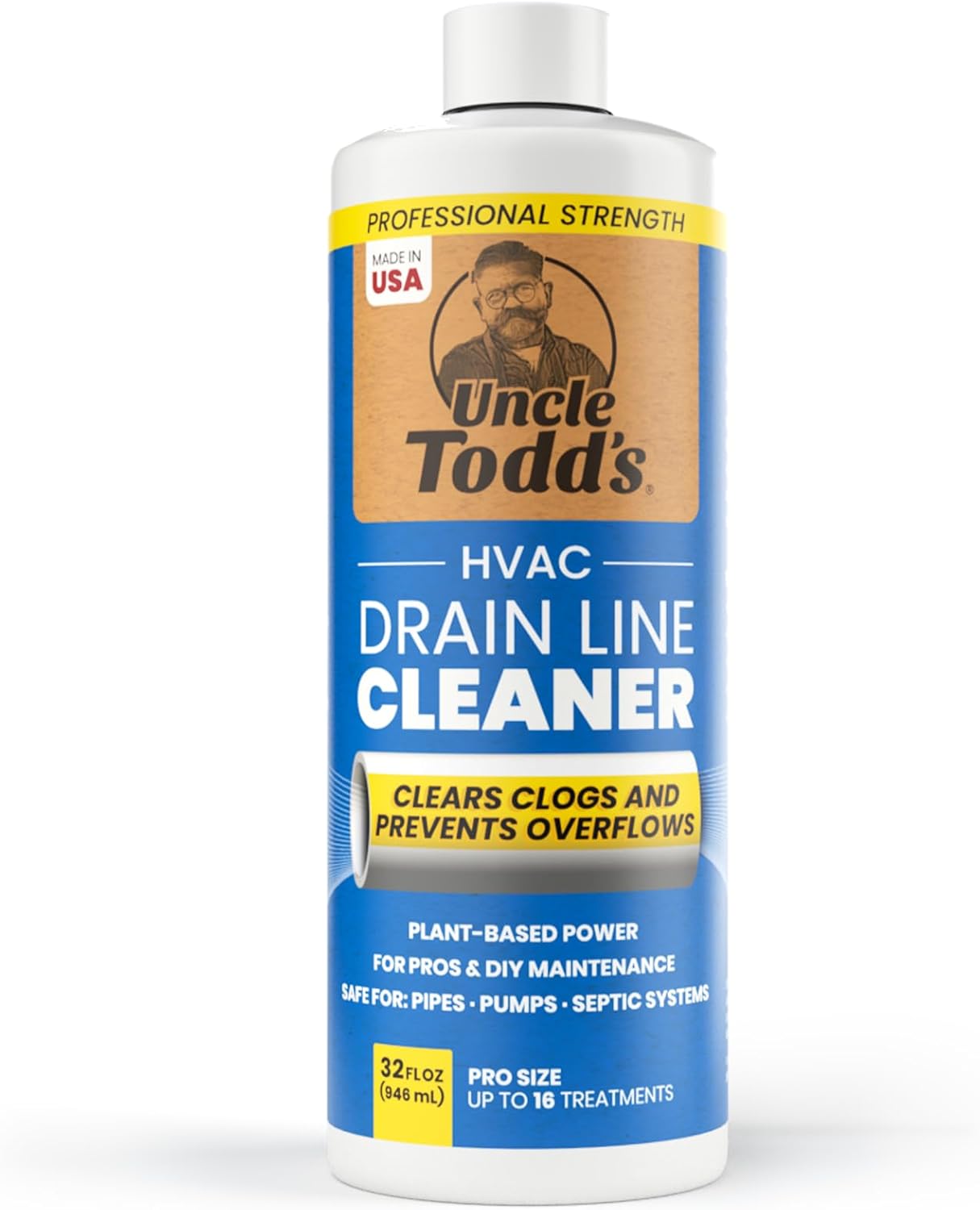 Uncle Todd's HVAC Drain Line Cleaner – 16 Months Supply Bleach-Free, Fast-Acting, Long-Lasting AC Drain Line Solution for Tough Clogs & Buildup