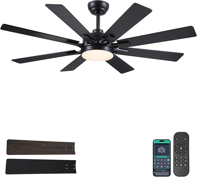 52 Inch Ceiling Fans with Lights and Remote/APP Control, Modern Ceiling Fan for Bedroom Living Room Patio Porch Indoor Outdoor, 6 Speeds, Reversible Quiet Motor, 8 Wood Blades, Black