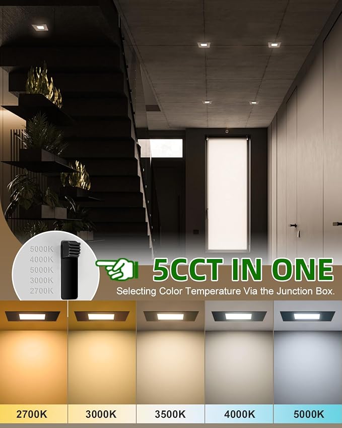 zouzai Square Led Recessed Lighting,5CCT Ultra Thin Square Led Ceiling Light with Junction Box,CRI90,2700K-5000K Selectable,Dimmable Canless Downlight,ETL and Energy Star (Black【12 Pack】, 4 Inch)