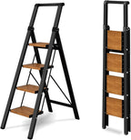 4 Step Ladder,Lightweight Folding Step Stool with Aluminum Wide Pedal& Convenient Handgrip,330lbs Capacity Steel Ladder for Household and Office(Black &Woodgrain)