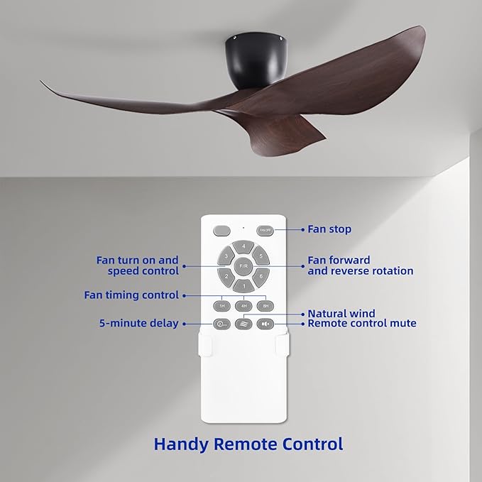 52-Inch Black Ceiling Fan Without Light, Modern Low-Profile Flush Mount Fan with Remote, 6-Speed Reversible Quiet DC Motor,for Patio, Living Room, Bedroom (No Light)