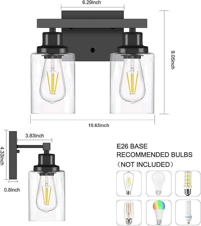 Bathroom Vanity Light, 2-Light Modern Matte Wall Sconce Lighting with Clear Glass Shade, Wall Lights,Bath Vintage Wall Mounted Lamps for Mirror Bedroom Living Room