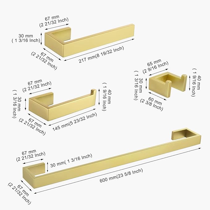 TNOMS Light Gold Towel Bar Set 4 Pieces Bathroom Hardware Set Wall Mounted Stainless Steel,Towel Bar+Towel Holder+Towel Hook+Toilet Paper Holder,23.6 inch