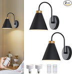 Vintage Cordless Gooseneck Battery Operated Wall Sconces Set of 2, Black Bedside Battery Powered Wall Decor Lamps with Remote Control, Wireless Indoor LED Lights Fixture for Bedroom Hallway
