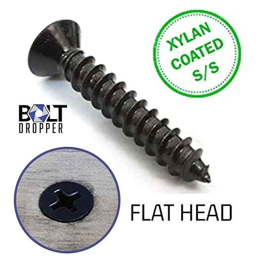 Bolt Dropper #8 x 1 Inch Wood Screws, Pack of 100 - Black Xylan Coated Stainless Steel Flat Head Phillips Screw - Corrosion Resistant for Wood, Drywall Applications, and Outdoor Use