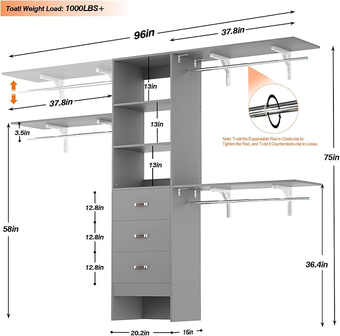 8FT Closet System, 96'' Closet Organizer System with 3 Hanging Rods, Wall Mount Bedroom Wardrobe with 3 Drawers Walk-in Closet, Adjustable Cloth Garment Rack from 5 to 8FT (Cut to Fit), Grey