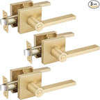 EHOMEWARE 3 Pack Gold Door Handles, Heavy Duty Door Knobs Interior for Bedroom Bathroom, Zinc Alloy Privacy Door Levers Door Handle with Lock, Satin Brass Modern Door Hardware & Locks