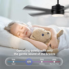 52 Inch Modern Ceiling Fan with Light, 5 Blades, Remote Control, Reversible DC Motor, Stepless Dimmable, Noiseless for Indoor and Use, Black