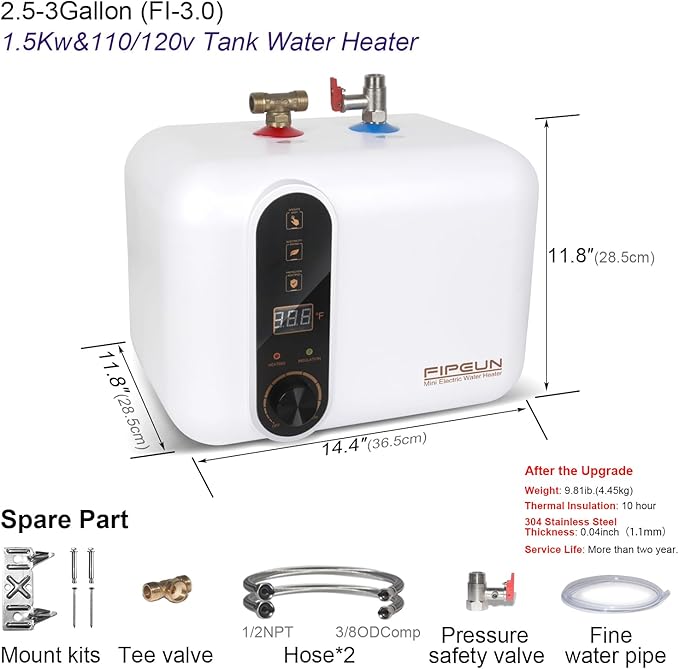 Electric Hot Water Heater 110/120V Small Compact Tank,Rv Tr 2.5-3.0 Gallon Trailer 1440-1500W Kitchen Instant Under Sink Counter Cupboard, Food Truck 2 PCs 16” Long 1/2”FIP Stainless Steel Hose 11L