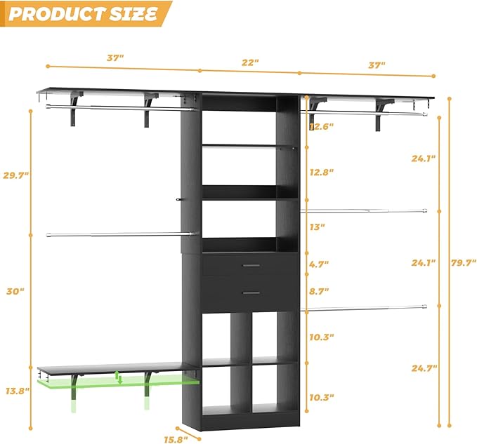 Closet System - 8FT Closet Organizer System with Wooden Drawers, 96" Closet Systems for Nursery & Walk-In Closets with Cuttable Hanging Shelving, Black