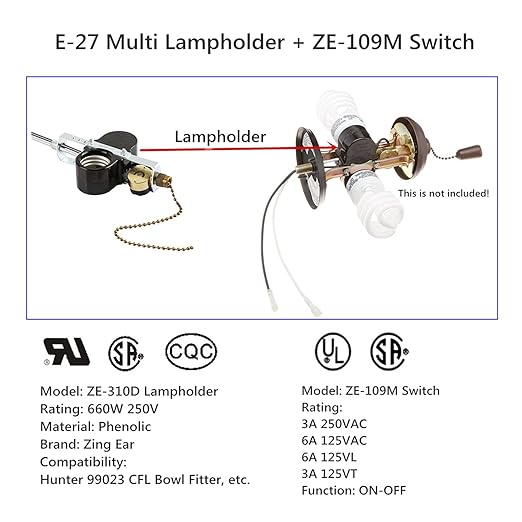 Ceiling Fan Light E-27 Multi Lampholder Socket Switch Zing Ear ZE-310D Socket with ZE-109M Pull Chain Switch (Antique Bronze)
