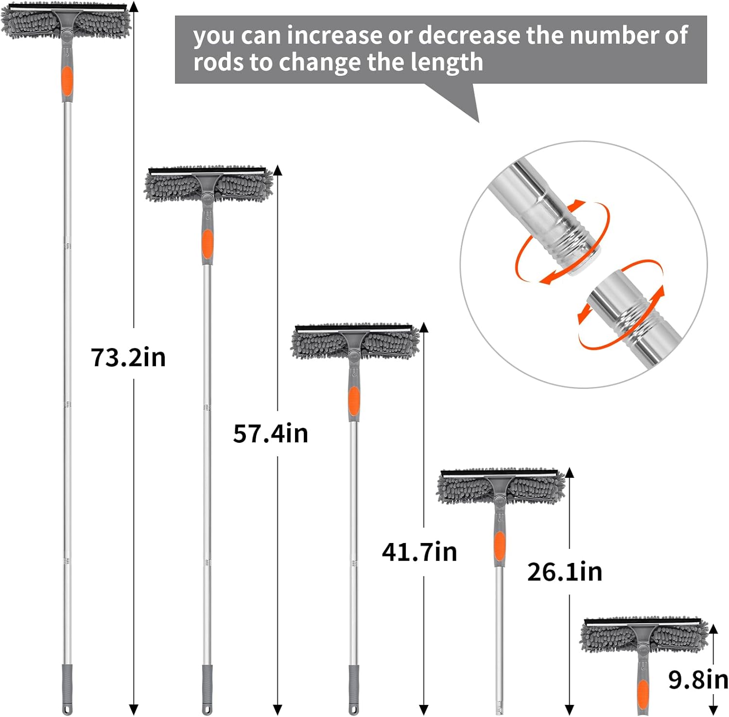 Professional 72'' Window Squeegee Cleaning Washing Tool/Kit with Extension Pole, 3 in 1 Squeegee for Window Cleaning Kit for High Window with 1 Rotatable Head 4 Interchangeable Scrubber
